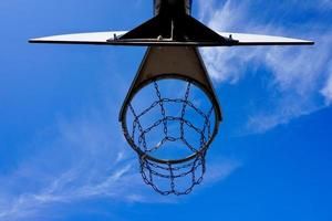 street basketball hoop and blue sky photo