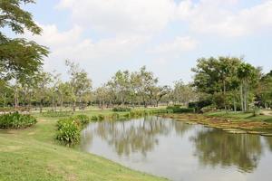 Outdoor landscape garden with pond