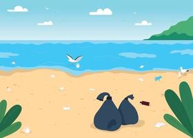 Empty dirty beach flat color vector illustration