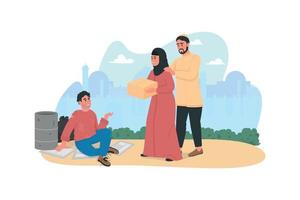 Arabian couple help homeless person 2D vector web banner