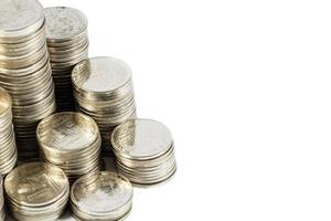 group of thai coins on white background  isolated and blank area at right side photo