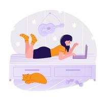 Girl on a bed with a laptop in a flat design vector