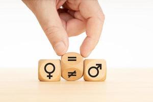 Gender equality concept Hand turns a wooden block and changes a unequal sign to a equal sign between symbols of men and women photo