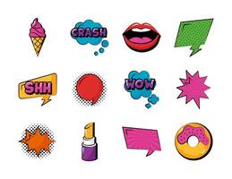 paquete de doce iconos de conjunto de arte pop vector