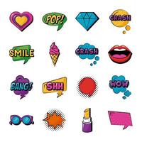 bundle of sixteen pop art set icons vector