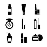 Paquete de nueve iconos de conjunto de cosméticos de maquillaje vector