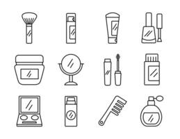 Paquete de doce iconos de conjunto de cosméticos de maquillaje vector