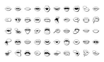 paquete de cincuenta bocas y labios set iconos vector