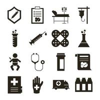 paquete de dieciséis iconos de colección de conjunto médico vector