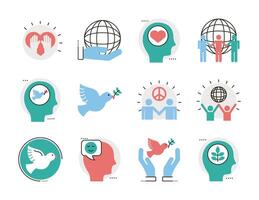 bundle of twelve peace set line and fill style icons vector