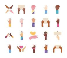 bundle of twenty hands protest set icons vector