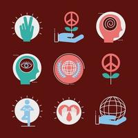 bundle of nine peace set line and fill style icons vector