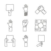 bundle of nine hands protest set icons vector