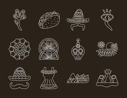 paquete de doce iconos de conjunto de etnia mexicana vector