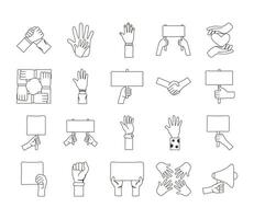 bundle of twenty hands protest set collection icons vector