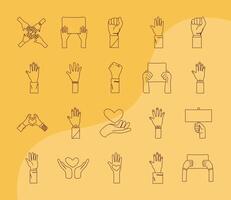 bundle of twenty hands protest set icons vector