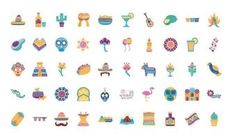 paquete de cincuenta iconos de conjunto de etnia mexicana vector