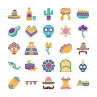 Paquete de veinticinco iconos de colección de conjunto de etnia mexicana vector