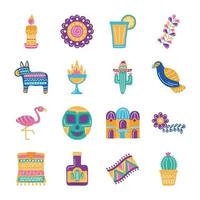 Paquete de dieciséis iconos de conjunto de etnia mexicana vector