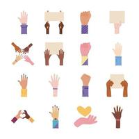 bundle of sixteen hands protest set icons vector