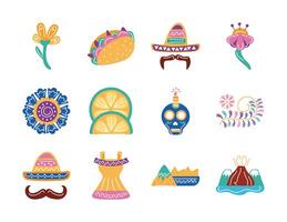 paquete de doce iconos de conjunto de etnia mexicana vector