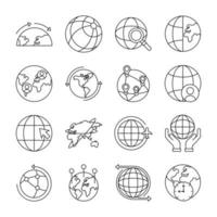 Paquete de dieciséis iconos de colección de conjunto de planeta mundial vector