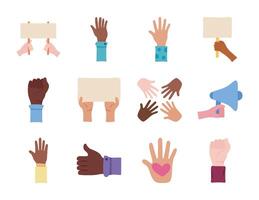 bundle of twelve hands protest set icons vector