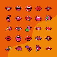 bundle of twenty five mouths and lips set icons in orange background vector