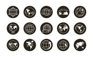 paquete de quince iconos de conjunto de planetas mundiales vector
