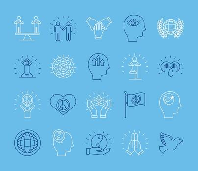 bundle of twenty peace set line style icons in blue background vector