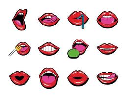 bundle of twelve mouths and lips set icons vector