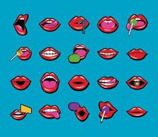 bundle of twenty mouths and lips set icons in blue background vector