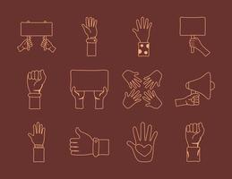 bundle of twelve hands protest set icons vector