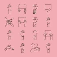 bundle of sixteen hands protest set icons vector