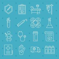 paquete de dieciséis iconos de colección de conjunto médico vector