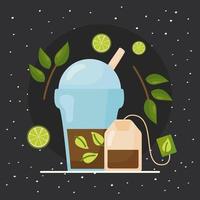 Taza de té helado con bolsa y hojas de diseño vectorial vector