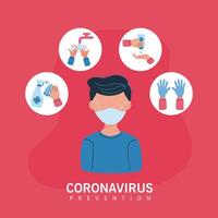 man using medical mask and icons of covid19 prevention vector