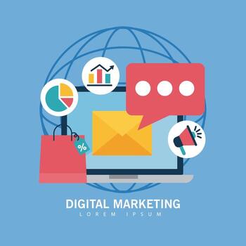 Digital marketing laptop with envelope and flat style icon set vector design