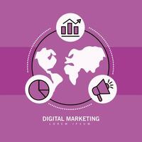 Digital marketing world with line style icon collection vector design