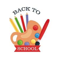 back to school lettering with paint palette pencils and paintbrush vector