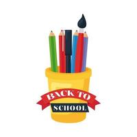 Letras de regreso a la escuela con lápices en un tarro organizador vector