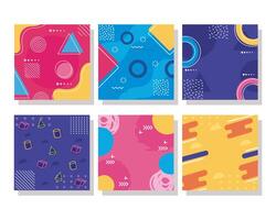 six backgrounds memphis style and geometric shapes vector