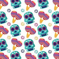 traditional mexican skulls heads and maracas flat style pattern vector
