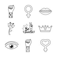 paquete de nueve iconos de estilo de línea de feminismo vector