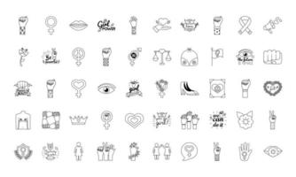 bundle of fifty feminism line style icons vector