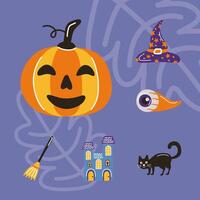 paquete de halloween set iconos y calabaza vector