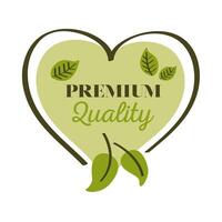 premium quality food label with heart and leaves white background vector