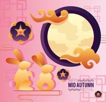 happy mid autumn festival lettering poster with rabbits and moon vector