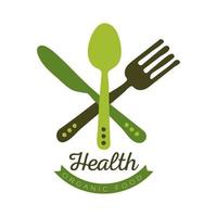 health organic food label with fork knife and spoon on white background vector