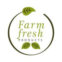 farm fresh products label in circle frame with leaves on white background vector